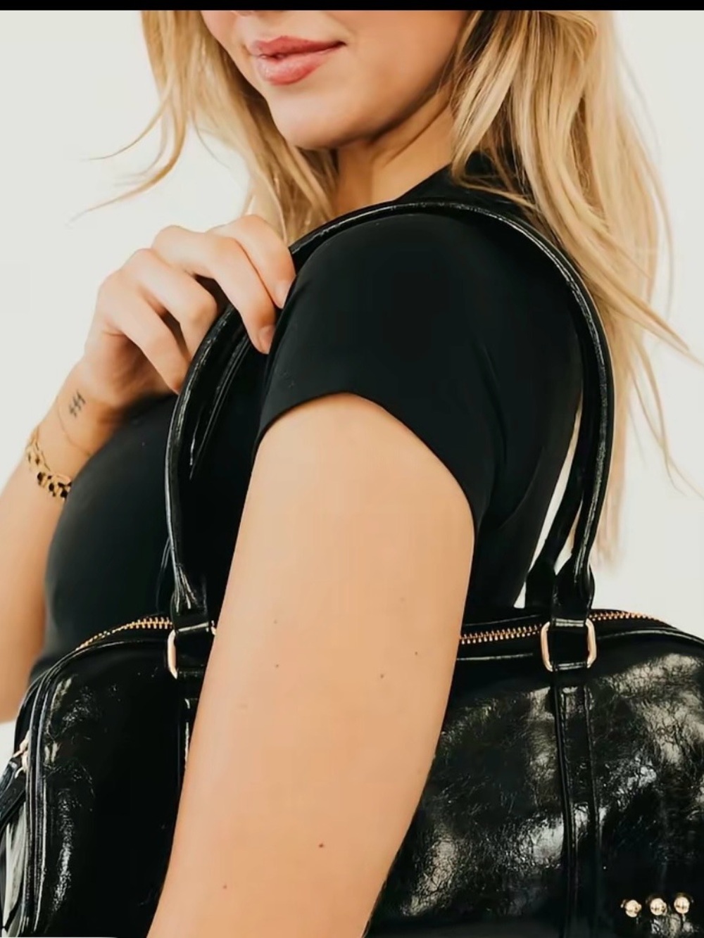 Black Patent Vegan Leather Women's Shoulder Bag